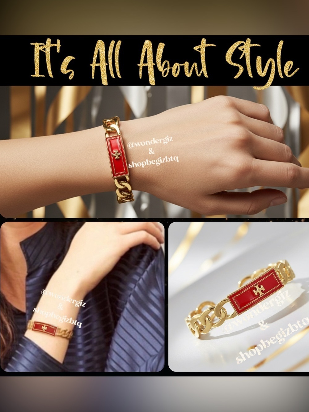 Tory Burch Authentic Gold Plated & Milgrain Red Logo Leather Cuff Bracelet NWOT